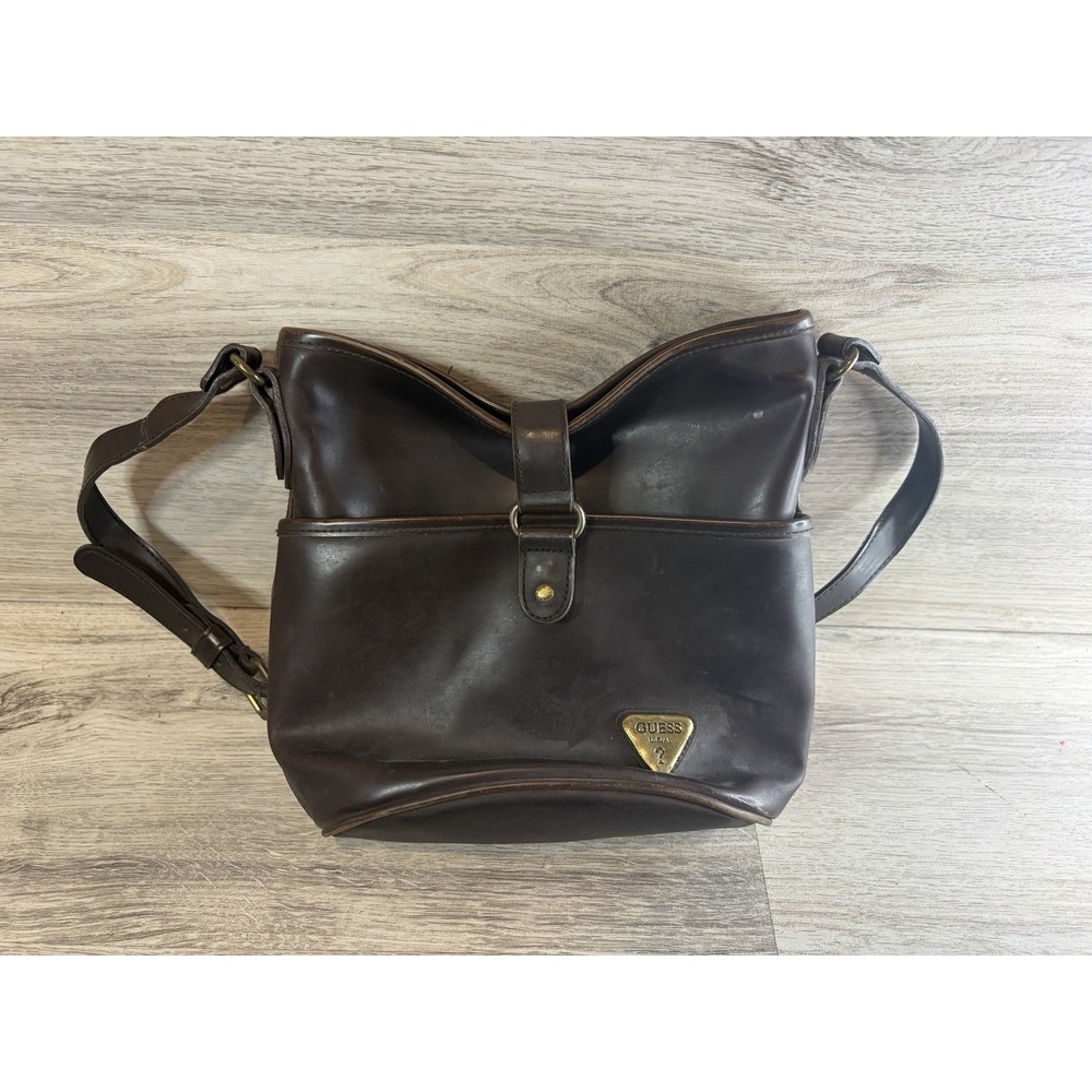Vintage GUESS Leather Hardback Crossbody Purse Strap Brown Gold